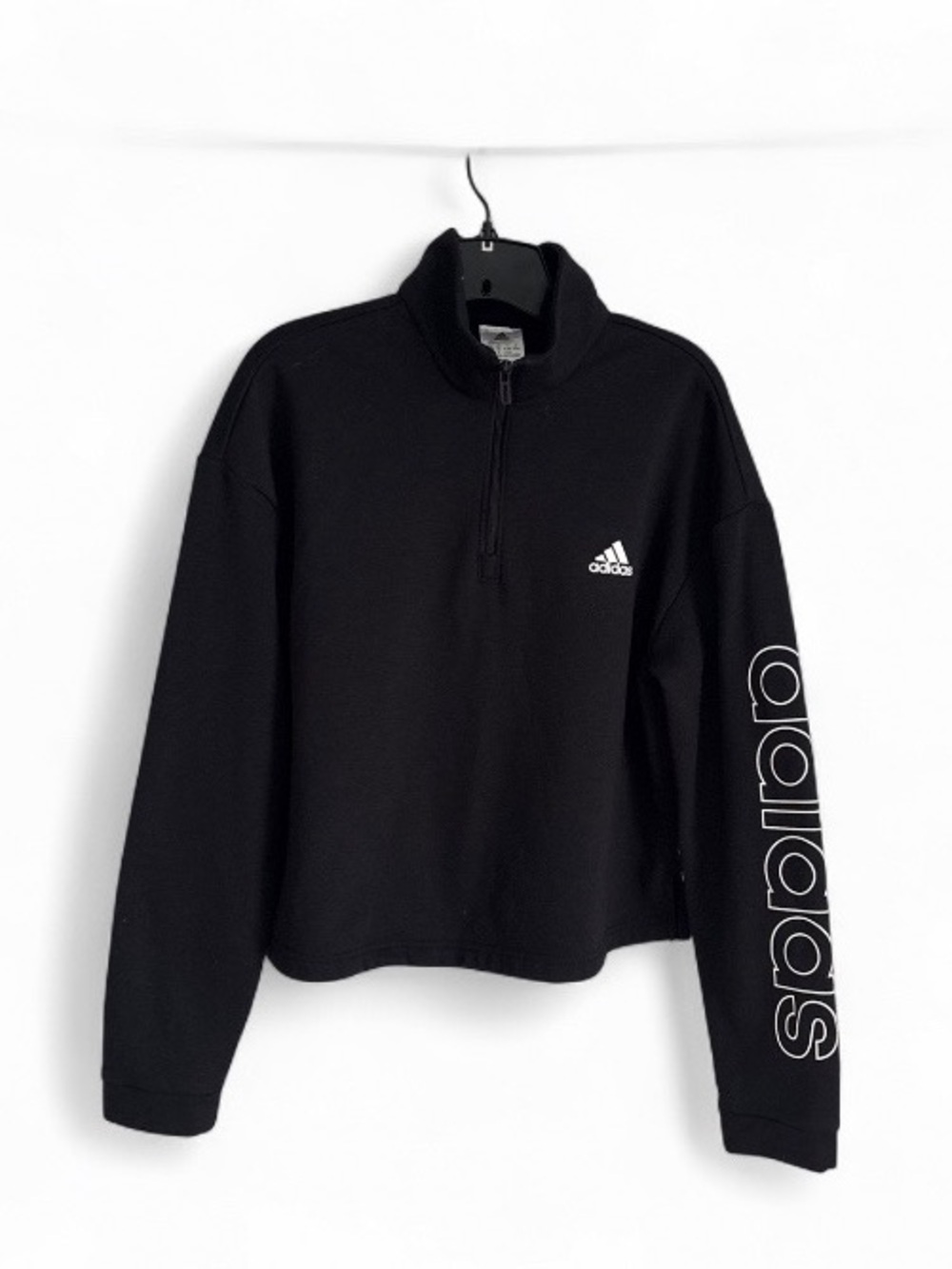 Adidas Essentials Black Cropped Quarterzip Sweatshirt Women’s Size XL Fleece - Picture 2 of 5